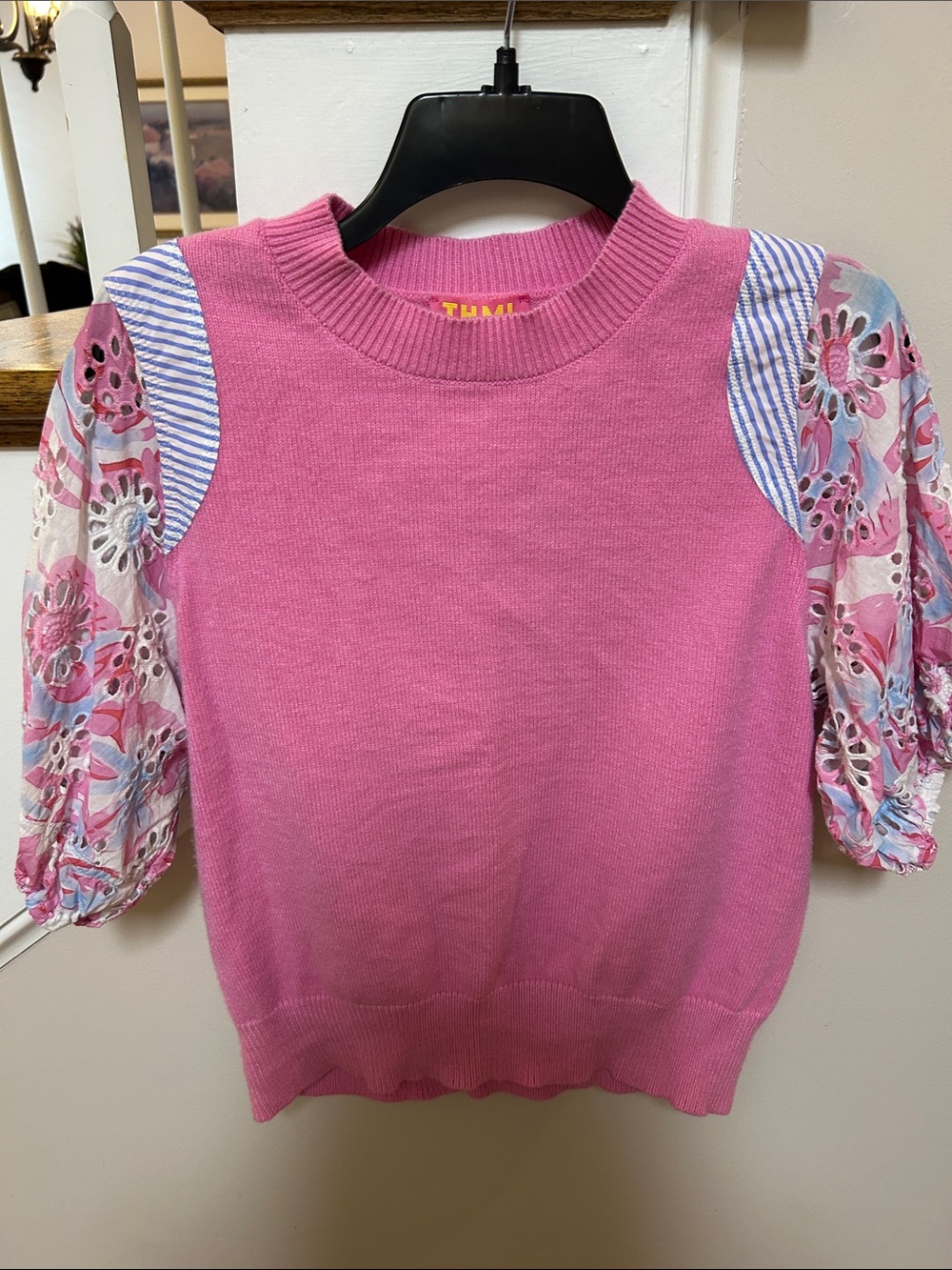 THML Small Pink Knit Top with Floral Puff Sleeves